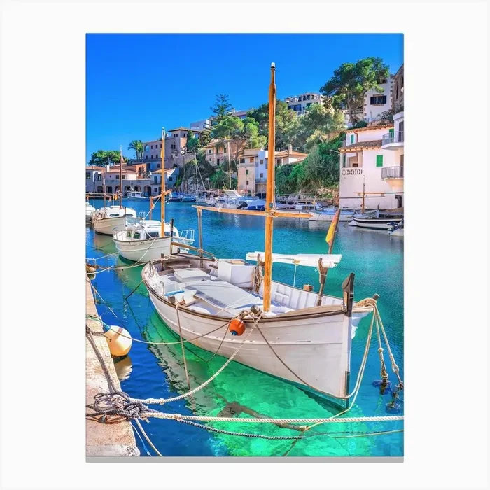 Cala Figuera with anchoring boats at beautiful seaside coast scenery on Mallorca island, Spain Canvas Print by imagine