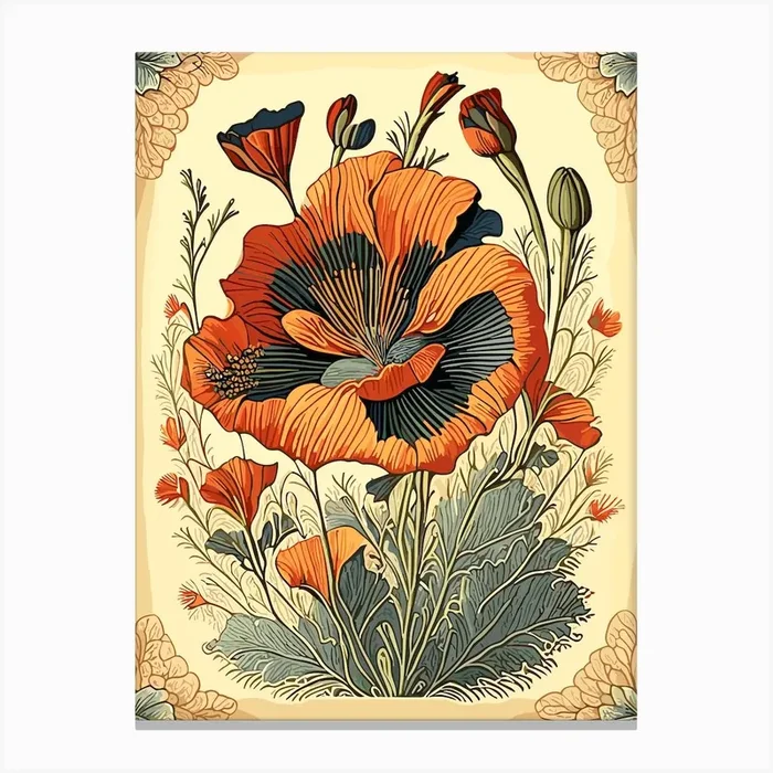 California Poppy Wildflower Vintage Botanical Canvas PrintWS by Wildflower Studio