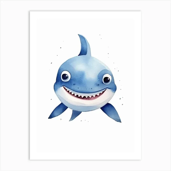Cartoon Watercolour Blue Shark Kids Nursery 1 Art PrintFG by Finspiration Gallery