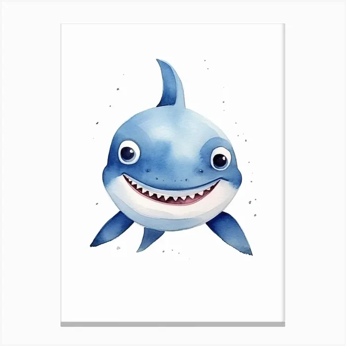Cartoon Watercolour Blue Shark Kids Nursery 1 Canvas PrintFG by Finspiration Gallery