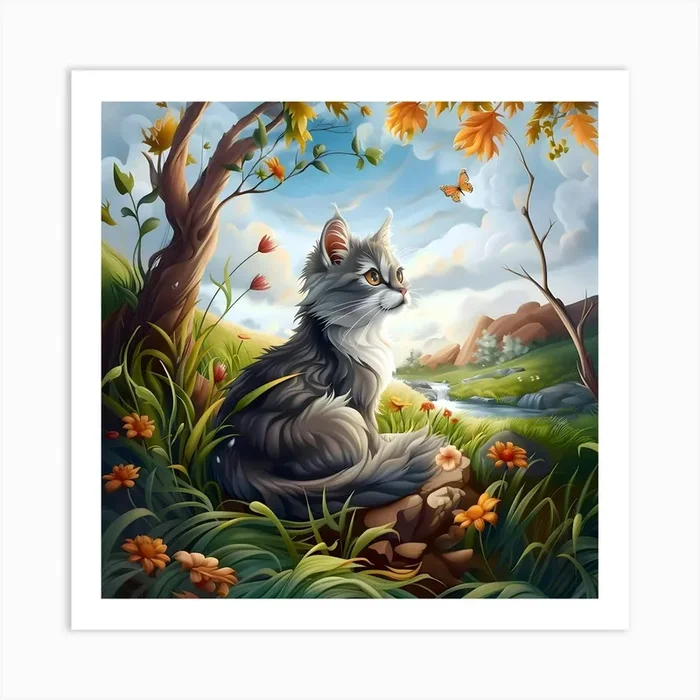 Cat And Butterfly Art Print by Lozzerly