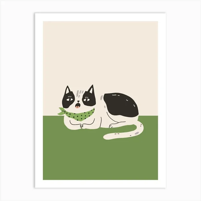 Cat With A Green Bandana Art Print by Lewska Design