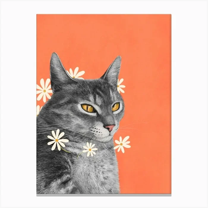 Cat With Chamomile Flowers Canvas Print by Valeriya Korenkova
