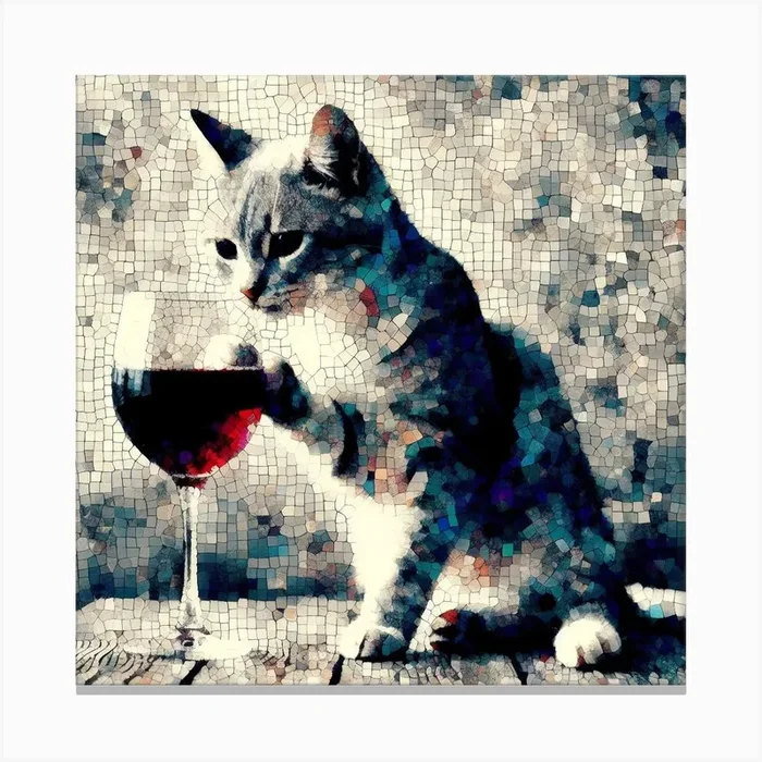 CAT WITH WINE Canvas Print by Eeluh Mosaics