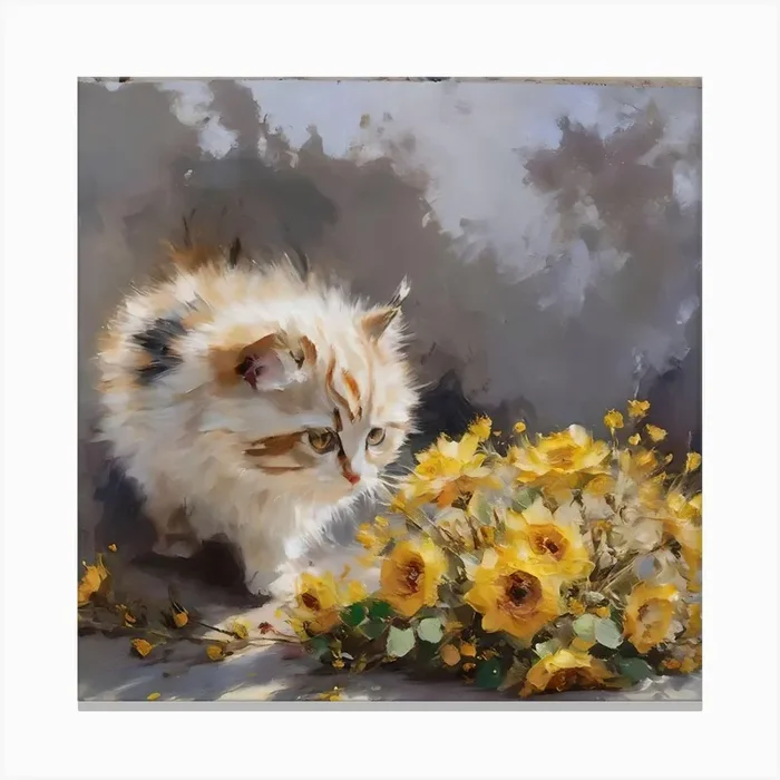 Cat With Yellow Flowers 1 Canvas Print by Artist.N1