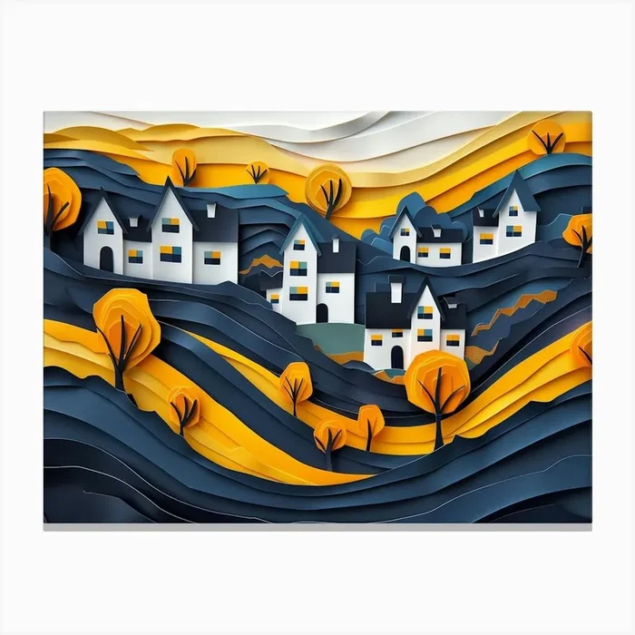 Charming Village Scene – Rustic Countryside Canvas Print by BebiArt
