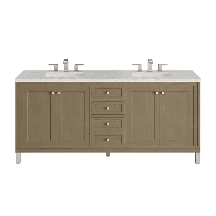 Chicago 72 ” Double Vanity, Walnut Whisper, w/ 3 CM Eternal Jasmine Pearl Silestone Top w/ FreePower Wireless Charger