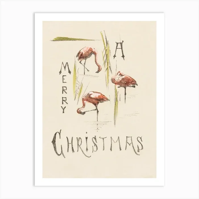 Christmas Card With Three Flamingos , Theo Van Hoytema Art Print by Fy! Classic Art Prints and Posters