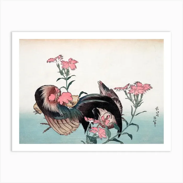 Cock And Flower, Katsushika Hokusai Art Print by Fy! Classic Art Prints and Posters