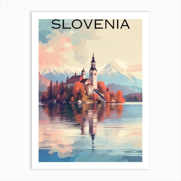 Colouful Slovenia travel poster lake bled Art Print by A Small Thing