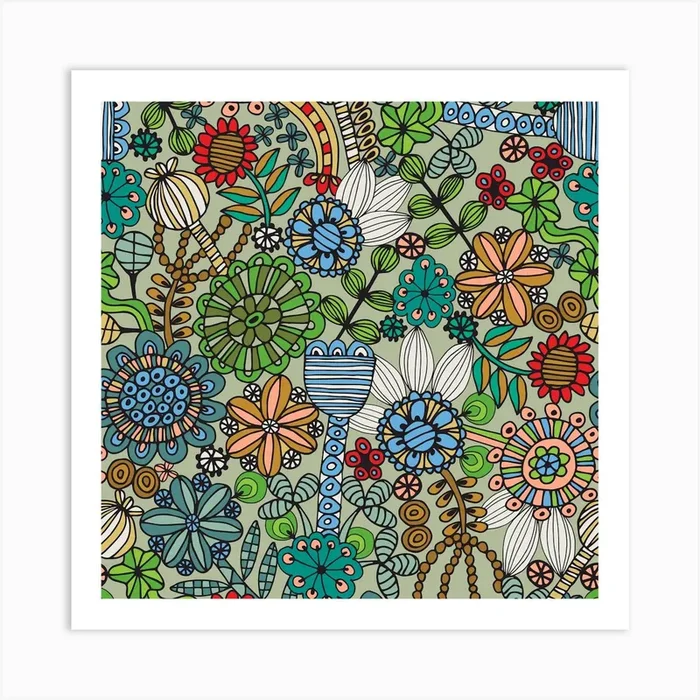 COLOURING BOOK FLOWERS Exotic Doodle Floral Botanical Line Drawing in Retro 70s Colors Art Print by UnBlink Studio