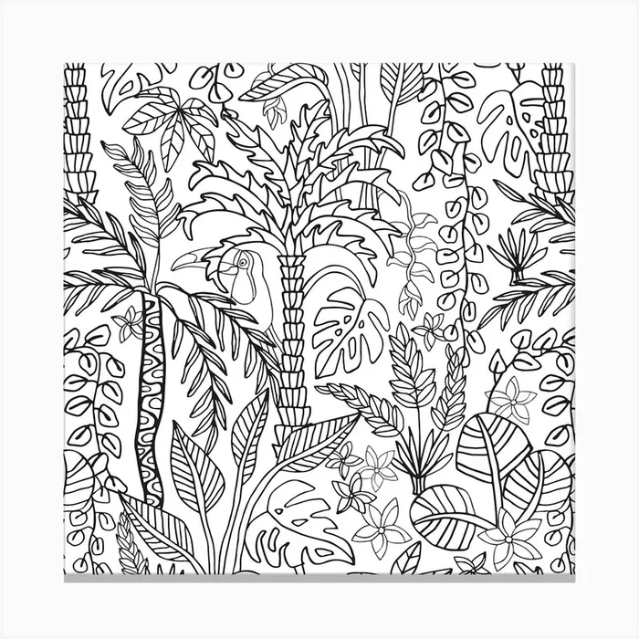 COLOURING BOOK JUNGLE Floral Doodle Tropical Palm Trees Monstera Plants Toucan Line Drawing in Black and White Canvas Print by UnBlink Studio