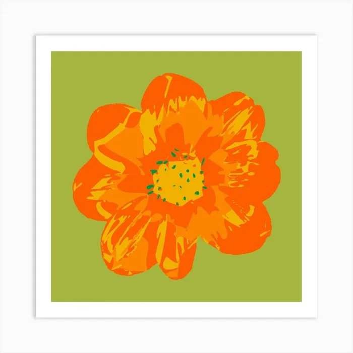 COSMIC COSMOS Single Abstract Floral Summer Bright Flower in Coral Orange Yellow on Lime Green Art Print by UnBlink Studio