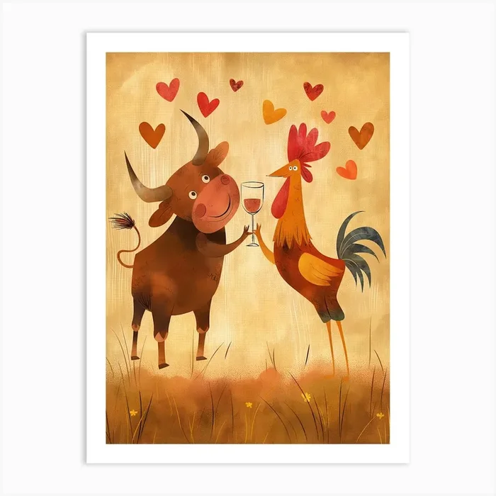 Cow And Rooster Art Print by AnikArts