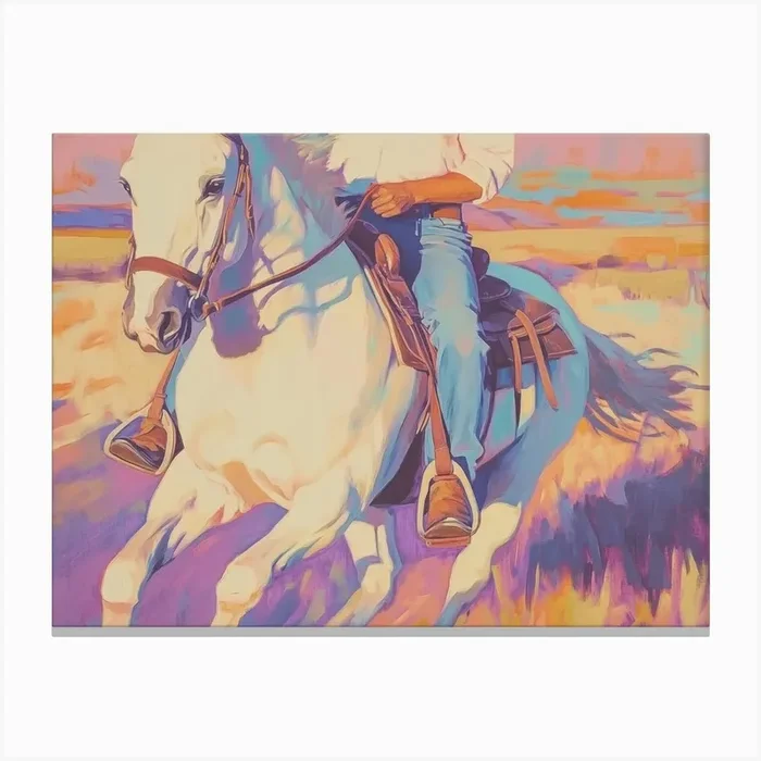 Cowboy On Horseback Canvas Print by Melloi Art Prints