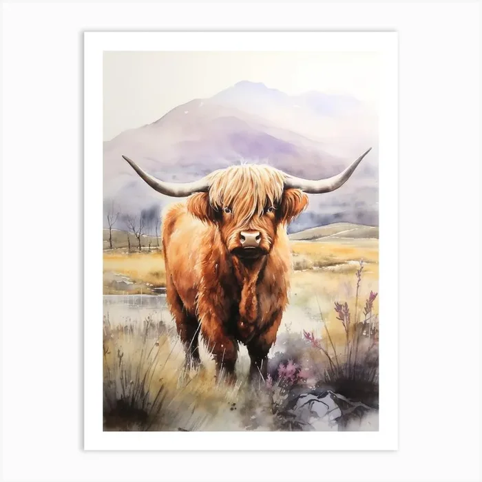 Curious Highland Cow In Field With Rolling Hills Watercolour 5 Art Print by Exploring the Highlands