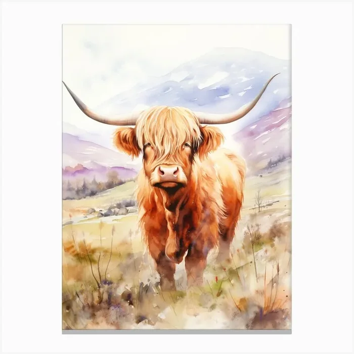 Curious Highland Cow In Field With Rolling Hills Watercolour 7 Canvas Print by Exploring the Highlands