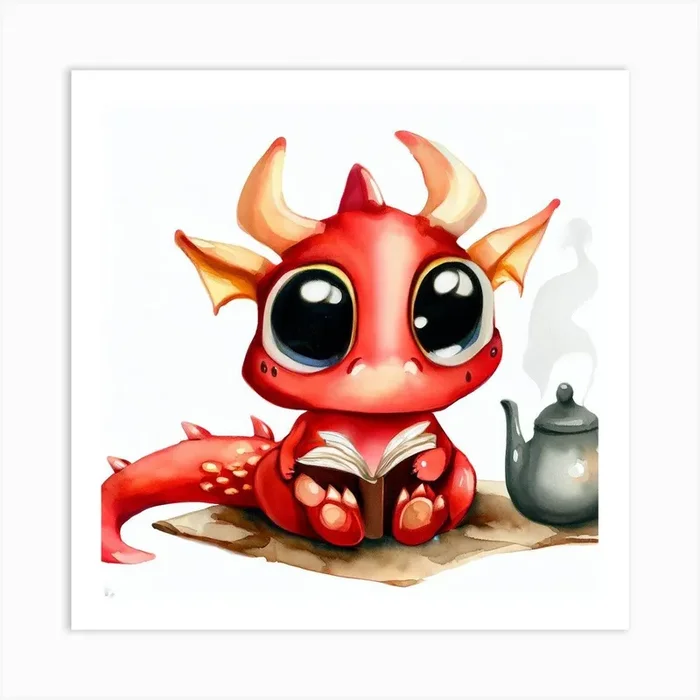 Cute Dragon Reading A Book Art PrintBB by Brushstrokes by Brux
