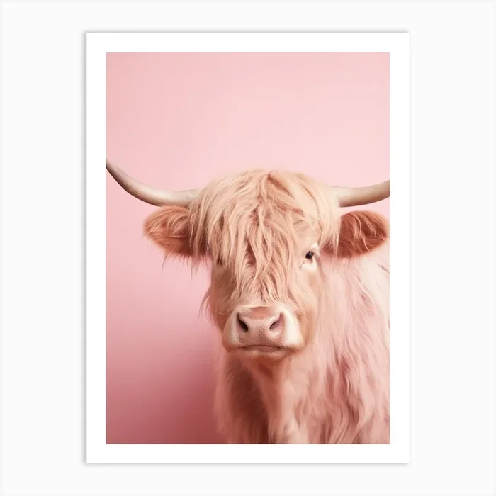 Cute Photographic Portrait Of Pastel Pink Highland Cow 3 Art Print by Exploring the Highlands