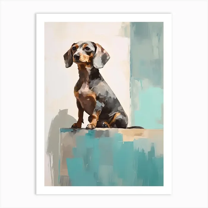 Dachshund Dog, Painting In Light Teal And Brown 3 Art Print by Meowsterpieces