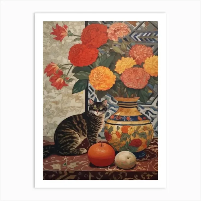 Dahlia With A Cat 3 William Morris Style Art Print by Meowsterpieces
