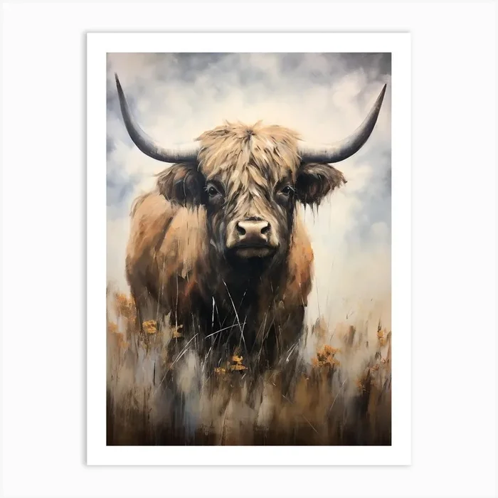 Dark Tones Impressionism Style Painting Of Highland Cows Art Print by Exploring the Highlands