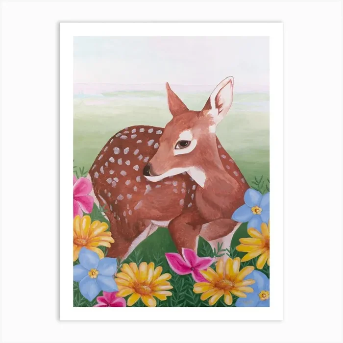 Deeer In Flower Field Art Print by Sally B