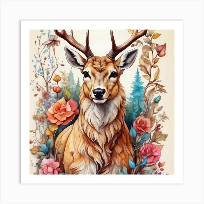 Deer With Roses Art Print by mido1247