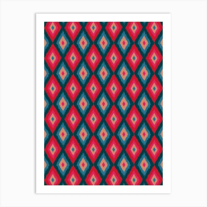 DIAMOND IKAT Boho Woven Texture Style in Exotic Red Pink Blue Blush Dark Teal Art Print by UnBlink Studio