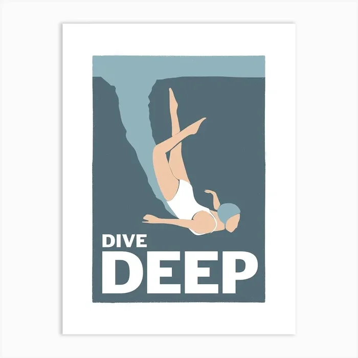 Dive deep – art deco style diving swim poster Art Print by Rocket Jack