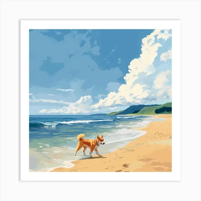Dog On The Beach Art Print by littlewhitecat