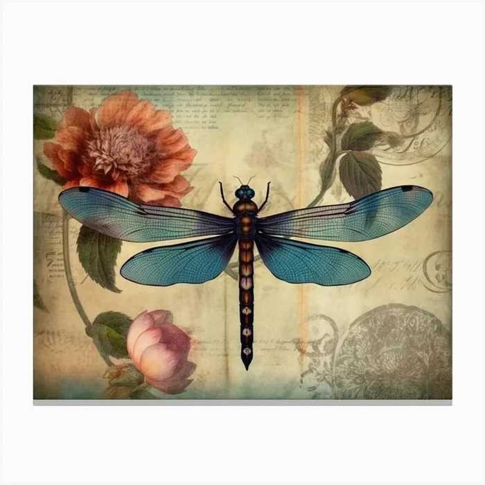 Dragonfly Botanical Illustration Flower Canvas Print by Dragonfly Dreams