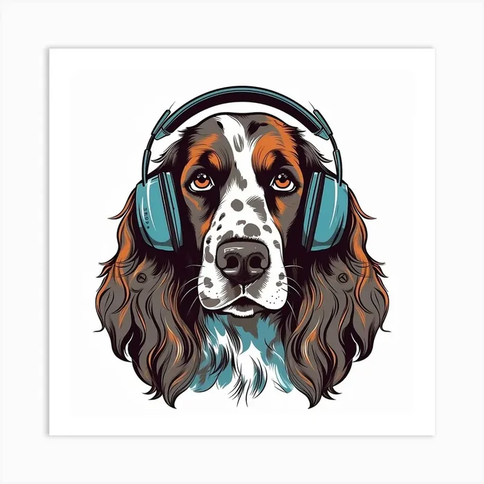 English Setter with Headphones Art Print by Jordan Kincaid