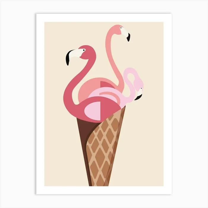Flamingo Ice Cream Wafer Birds Cone Nature Art Drawing Sketch Art Print by Etnousta
