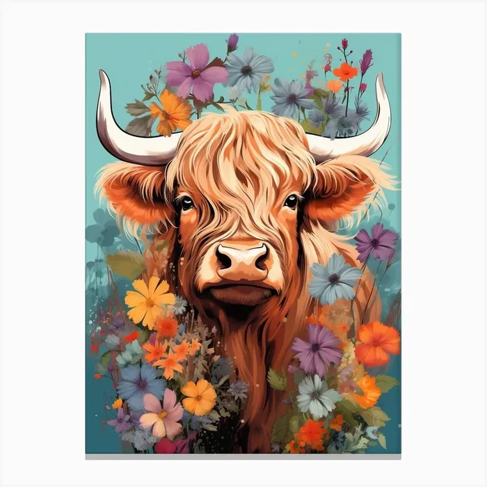 Floral Portrait Painting Style Of Highland Cow 3 Canvas Print by Exploring the Highlands