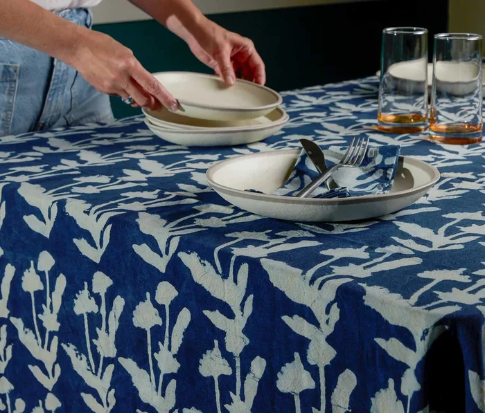 Flourish Block Print Indigo Tablecloth