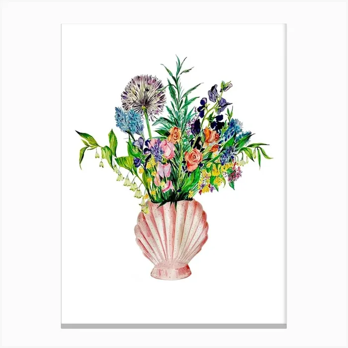 Flowers In Shell Vase On White Canvas Print by Max Made Me