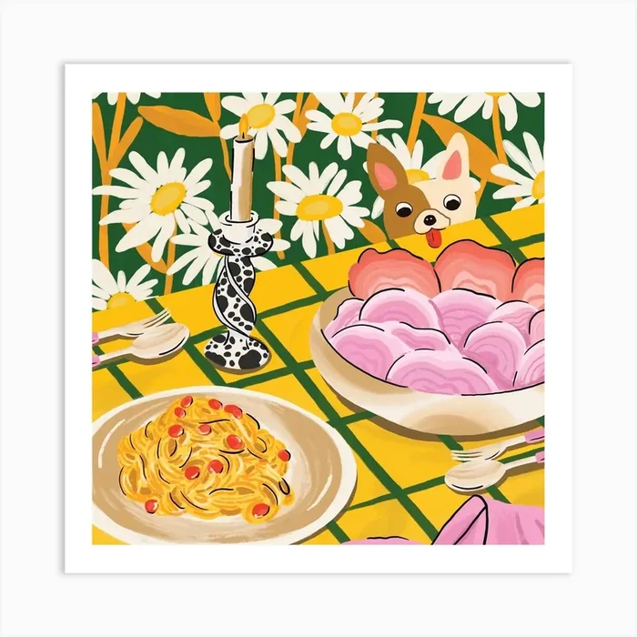 Food & Dog Square Art Print by Artkrittique