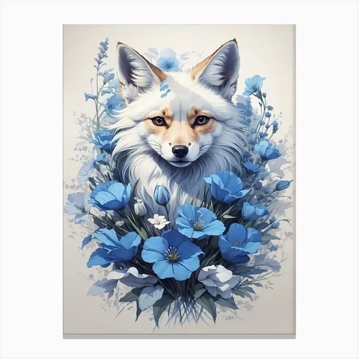Fox With Blue Flowers 1 Canvas Print by Mido @
