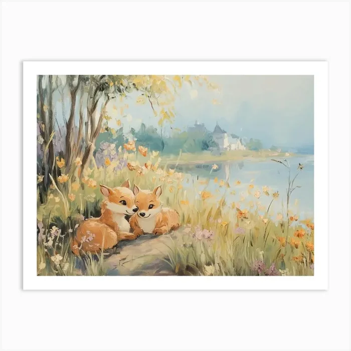 Foxes By The Lake Art Print by Melloi Art Prints