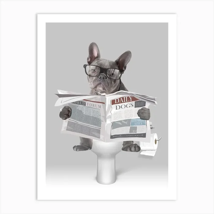 French Bulldog On The Toilet Art Print by Designed By Lorna