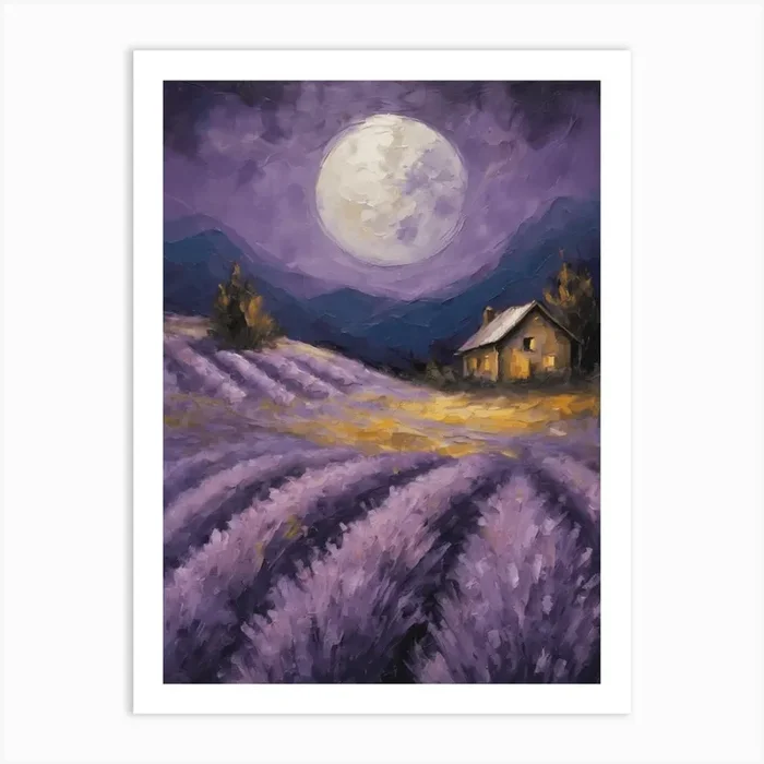 Full Moon Over The Lavender Fields – Dark Gloomy Beautiful Enchanting Feature Art Wall Decor – Flowers Art PrintFS by Free Spirits & Hippies