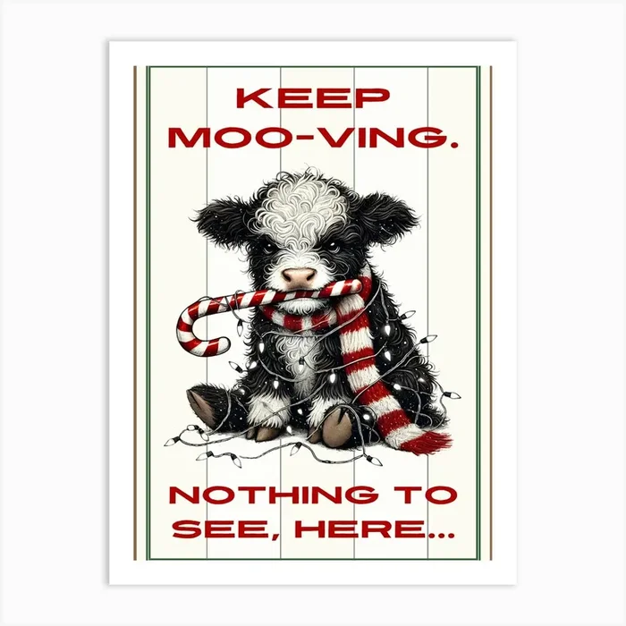 Funny Grumpy Christmas Cow Art PrintK by Kymera