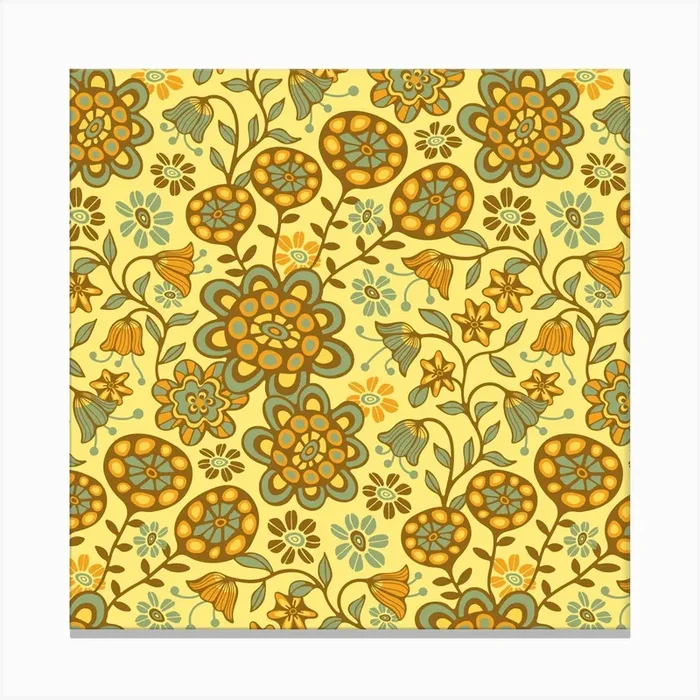 GARDEN WILD Boho Floral Cottage Botanical in Sage Green Brown Yellow Orange on Light Yellow Canvas Print by UnBlink Studio