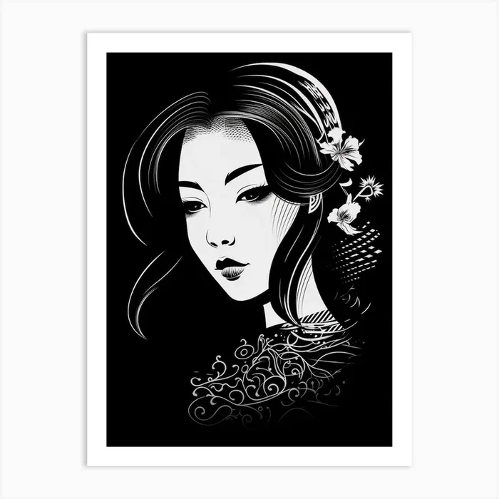 Geisha Black And White Vector Illustration 2 Art Print by Blade and Brush