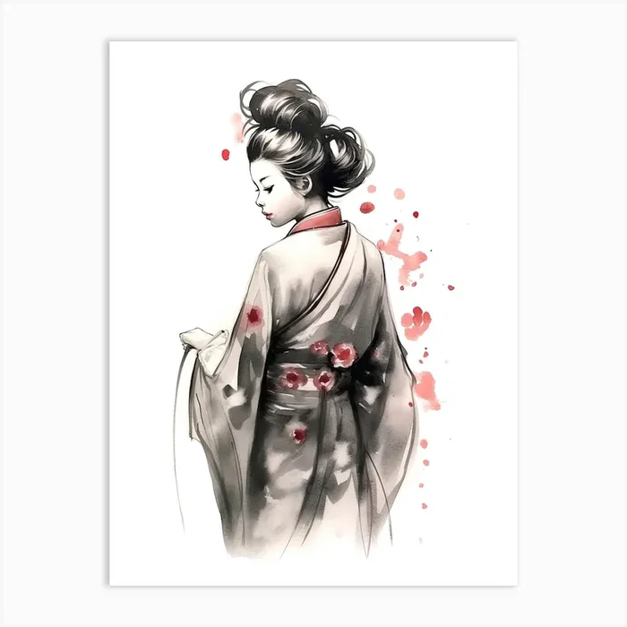 Geisha Ink Wash With Pink 2 Art Print by Blade and Brush