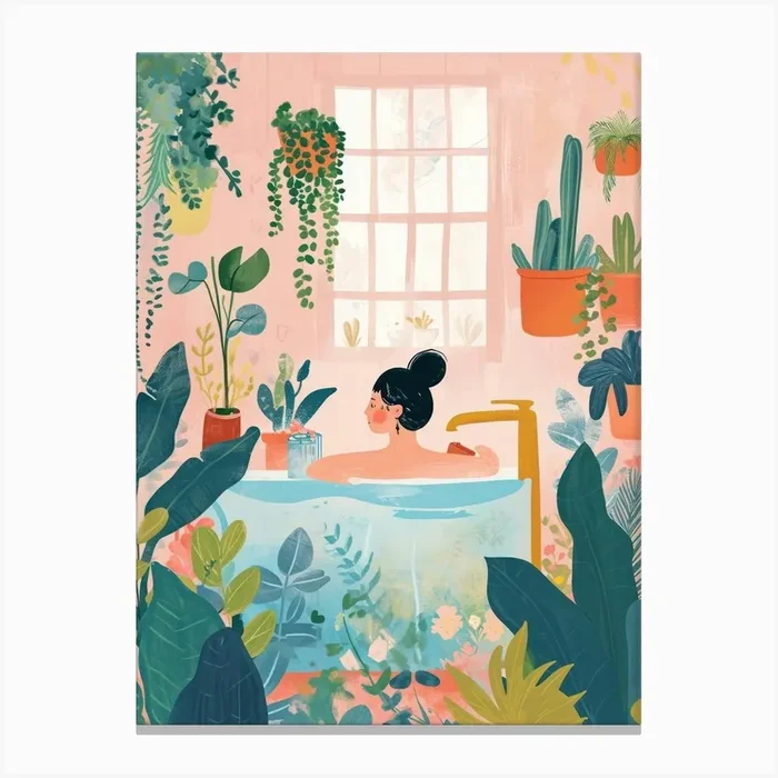 Girl Having A Bath With Plants Lo Fi Kawaii Illustration 1 Canvas Print by Kawaii Kingdom