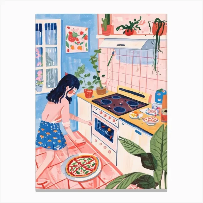 Girl Making A Pizza Lo Fi Kawaii Illustration 1 Canvas Print by Kawaii Kingdom