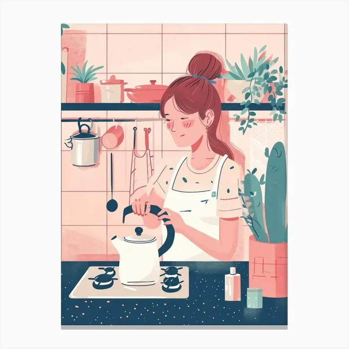 Girl Putting The Kettle On Lo Fi Kawaii Illustration 5 Canvas Print by Kawaii Kingdom