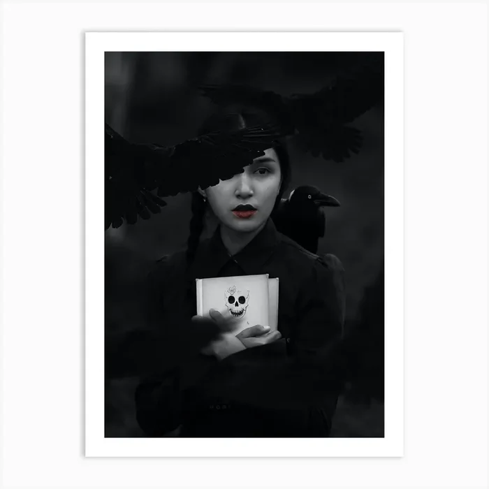 Girl Raven Black and White Art Print by Arizrab